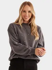 Womens Drop Shoulder Crew Neck Diamante Sweater