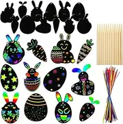 Pack of 12 Easter Scratch Pictures, Easter Eggs, Scratch Pictures, Easter Scratch Paper, Children's Easter Eggs, Scratch Art Set, Easter Craft Set, Children with Wooden Pens, Ribbons for Easter