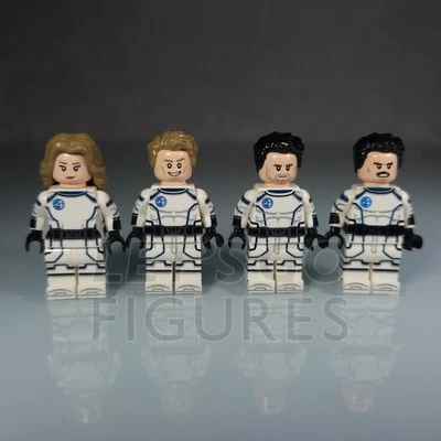 Fantastic Four Minifigures (Set Of 4, White/Black) Custom Printed, Lego Marvel