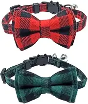 2PCS Breakaway Bowtie Pet Collar with Bell(Red&Green plaid style),Christmas Dog Collar with Bow, Christmas Plaid Dog Bow tie, Adjustable Cotton Red Bowtie Dog and Cat Valentine's Day Collars for Kitty, Puppy, Dogs,Small Pets