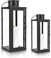 Black Metal Lantern Decorative Set, Modern Farmhouse Lantern Decor with Hurricane Glass, Set of 2 13.8" & 9.5" Vintage Hanging Tower Lantern Metal Candle Holder (13.5 * 13.5 * 35CM+10 * 10 * 24CM)