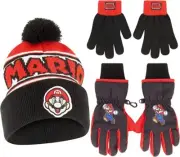 Nintendo Super Mario Winter Hat with Knit and Insulated Ski Gloves, Boys Age 4-7