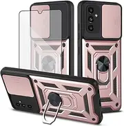 [Asuwish] Phone Case for Samsung Galaxy A13 5G with Slide Camera Cover and Tempered Glass Screen Protector Hard Stand Ring Holder Hybrid Cell Gaxaly A04S M13 G5 A 13 2022 13A A135G SM A136U Men RoseGold