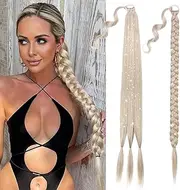 34 Inches Braided Ponytail Extension with Tinsel Hair Ash Blonde Wrap Around Pony Tails Silvery Tinsel Hair Extensions with Hair Tie Soft Synthetic Long Braided Ponytail Extension for Women (Ash Blonde, One size)