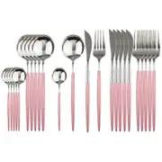 24Pcs Stainless Steel Dinnerware Set Kitchen Green Gold Cutlery Set Knife Fork Spoon Flatware Tableware Minimalist Silverware pink/silver