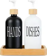 Kitchen Glass Soap Dispenser Set with Bamboo Tray and Bamboo Pump, 16