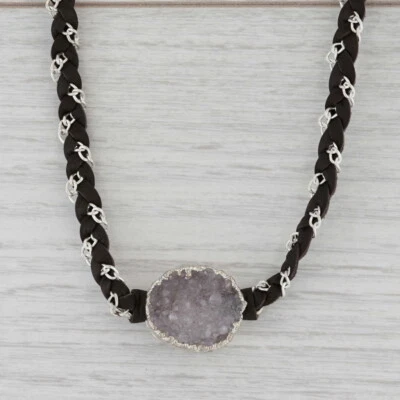 New Nina Wynn Druzy Quartz Cordelia Necklace Woven Dark Brown Leather Tags