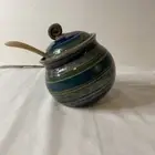 Art Pottery Honey Pot Crock Lid Wood Dipper Spoon Blue Stripe Stoneware unsigned