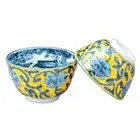 Kumagai Sato Shoten Rice Bowl LRK538 "Yellow Dark Floral Arabesque From Japan