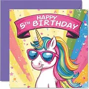 5th Birthday Card - Cool Unicorn Sunglasses - Unicorn Birthday Card for 5 Year Old Girl, Age 5 Birthday Cards Fifth Birthday Card, 145mm x 145mm Cute Greeting Card