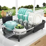 Large Dish Drying Rack for Kitchen Counter - Expandable Dish Rack with Utensil Holder, Stainless Steel Kitchen Drying Rack, Black