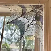 Spider Webs Stained Glass Window Wall Hanging, Spiderweb Door Topper, Door Topper Wall Decor Halloween Spooky Spider Web Door Corner Sign