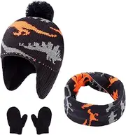 [ACTLATI] Winter Dinosaur Boy Winter Hat Scarf Mittens Set Warm Beanies Earflap Fleece Pompom Lining Cap for Toddler Kids