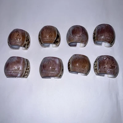 8 Pcs Carved Philippines Shell Etched Palm Tree With Bamboo Beach Nautical Decor