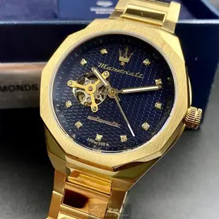MASERATI手錶, 男錶 46mm 金色八角形精鋼錶殼 寶藍色鏤空, 中三針顯示錶面款 R8823140006