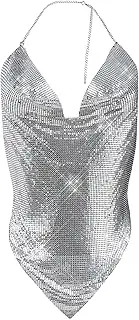 [TINAYAUE] Women's Shiny Metal Sequins Tops Sexy Hollow Halter Vest Strapless Backless Top for Beach Pool Party Rave Night Club