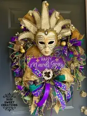 Xl Mardi Gras Wreath With Mask, Mardi Gras Party Decor, Music Wreath Gift