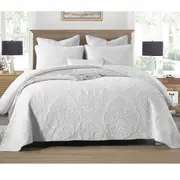 Cotton Rich Lightly Quilted Coverlet Set Royale White (Queen, King)