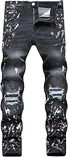 [Zylphorix] Men's Mid-Waist Elastic Ripped Patch Jeans Vintage Straight Zipper Denim Pants Y2K Casual Mid Waist Stretch Trouser, Black, 29