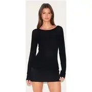 Black Sheer Soft Touch Crew Neck Long Sleeve Top, Black