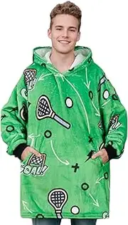 [Huglanket] Lacrosse Gifts for Boys, Wearable Flannel Lacrosse Blanket Hoodie, Super Soft Warm Cozy with Two Large Pocket - One Size Fits Most - Goal, 01-goal, One size