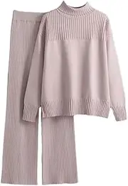 [Generic] Women Turtleneck Knited Sweaters Tracksuits Solid Knitted Pullover Tops Wide Leg Pants Suits