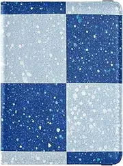 [Amooorous] Fake Glitter Checkerboard Squares White Blue Leather decorative cute passport holder Vaccine Case Protector Cover Travel Passport Wallet Ultra Slim, Fake Glitter checkerboard squares white blue, 1