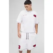 Mens White Oversized Boxy Applique Drop Crotch T-Shirt & Short Set
