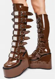 [Dolls Kill x Demonia] Brown Patent Trinity Boots