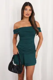 Green Off Shoulder Dress Mini - Size 16XL, Women's Skater Dress