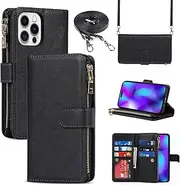 Cavor for iPhone 14 Pro Case 6.1 inch PU Leather Folio Flip Wallet Back Cover Magnetic Case with Long Shoulder Lanyard Zipper Coin Purse 9 Card Holder Kickstand Wristlet Strap-Black