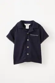 [Cotton On Kids] Cotton On Kids - Leo Cuban Relaxed Shirt - Navy ink/blanket stitch 12-18M NAVY INK/BLANKET STITCH