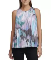 DKNY Sleeveless Pleated Chiffon Top Blue L NWT! $79