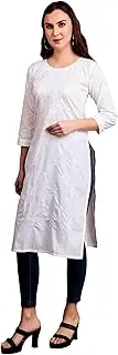 [ladyline] Womens Plain Cotton Chikankari Kurti Tunic Top Embroidered Knee Length Kurta