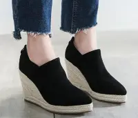 在飛比找Yahoo!奇摩拍賣優惠-熱銷新款 現貨 歐美坡跟鞋女后拉鏈麻繩編織楔型鞋 深口包鞋 