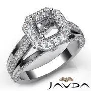 Asscher Diamond Halo Semi Mount Millgrain Engagement Ring 18k White Gold 0.9Ctw