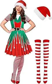 [Hillban] 3 Pcs Christmas Elf Costume Set Womens Short Sleeve Christmas Dress Thigh High Socks Santa Hat for Xmas Party