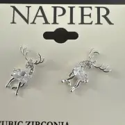 NEW NWT Napier Beautiful Christmas Silver Tone Stud Reindeer Earrings