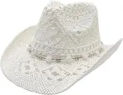 [Generic] Cowboy Hats for Women Classic Straw Cowgirl Beach Hat Music Festival Party Adult Sun Straw Western Cowboy Hats, B-white, One Size, B-white, One Size