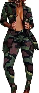 [Famnbro] Women's Sexy 2 Piece Blazer Outfits Printed Open Front Jacket Bodycon Pants Set, 01camo, XX-Large
