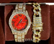 ICED BLING OUT HIP HOP GOLD PT RED MARBLE DIAL WATCH & BAGUETTE BRACELET SET