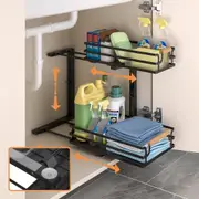 ACA Black Kitchen 2 Tier Under Sink Organizers Drawer L-shaped Design Slide Out, Height Adjustable,Suction Cups for Storage