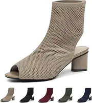 [Zeberfi] Women's Knit Peep Toe Slingback Chunky Heel Ankle Boots Open Pointed Toe Hollow Heeled Sandals Summer Casual Slip On Dress Sock Booties