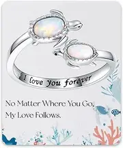 [EJALEN] 925-Sterling-Silver Opal Sea-Turtle Ring - Inspirational I Love You Forever Adjustable Open Nature Ocean Mother Daughter Ring Cute Animal Jewelry Gifts for Women (Adjustable 6-8#), Sterling