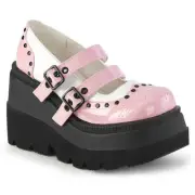 Demonia Shaker-27 Gothic Punk Pink Wedge Platform Mary Janes
