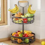 CHONYI 2-Tier Fruit Basket Bowl Vegetable Storage with 2 Banana Hangers and Wood Lift Handle, Kitchen Counter Metal Wire Storage Basket Fruits Stand Holder for Dining Table (black)