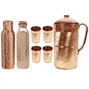 Handmade Copper Jug Pitcher Tumbler Glass With Bottle Set For Ayurveda Benefits