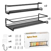 Spice Rack Organiser 4 Pack 2 Size Hanging Wall Metal Kitchen Shelf No Drilling