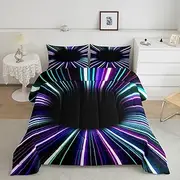 Erosebridal Gradient Black Light Comforter Set 3D Black Hole Abstract Geometric Queen Bedding Sets,Modern Striped Circle Swirl Quilt,Teal Blue Purple Stripes Room Decor for Men