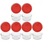 Pyrex (6) 7200 Clear Glass Storage Bowls & (6) 7200-PC Poppy Red Plastic Lids